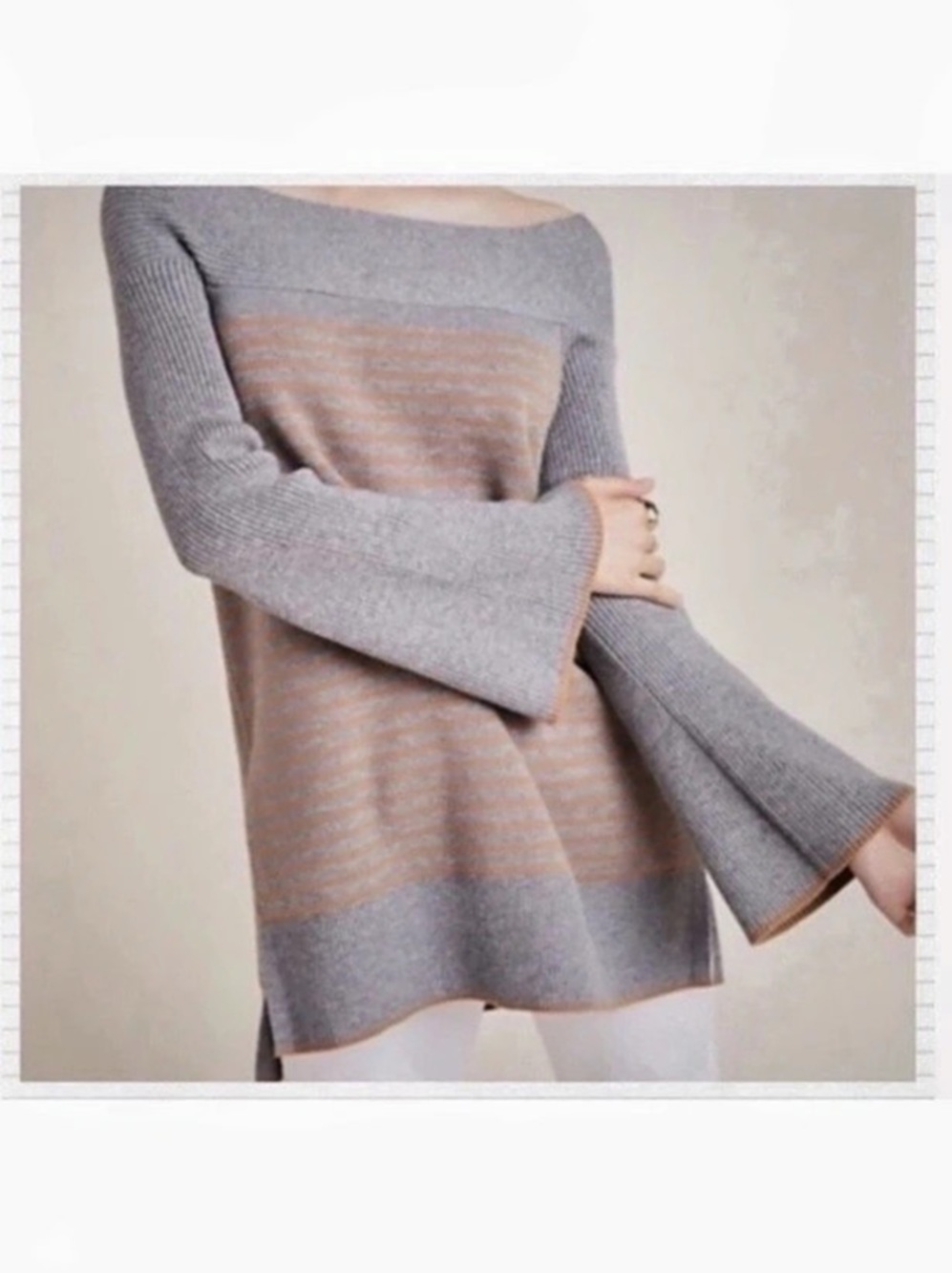 Anthropologie Elise Gray Orange Striped Off The Shoulder Tunic Sweater size S